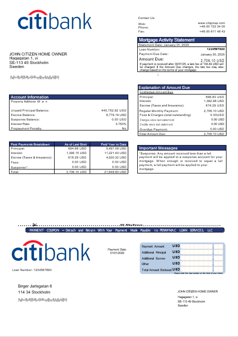 Download Swedish Citibank  mortgage statement in Word and PDF formats Photoshop template